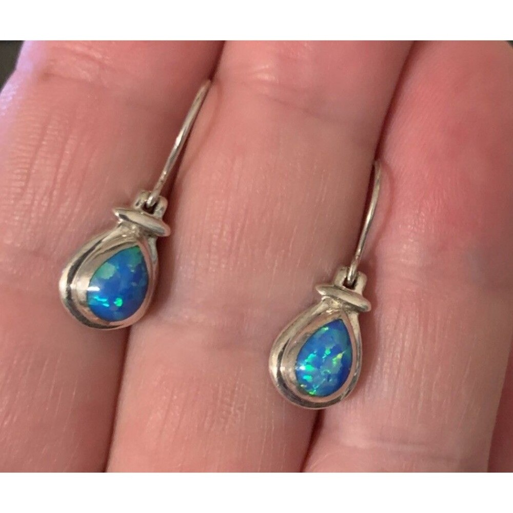 Vintage Sterling Silver Blue Fire Opal Teardrop Earrings Pear Hook Dangle Drop